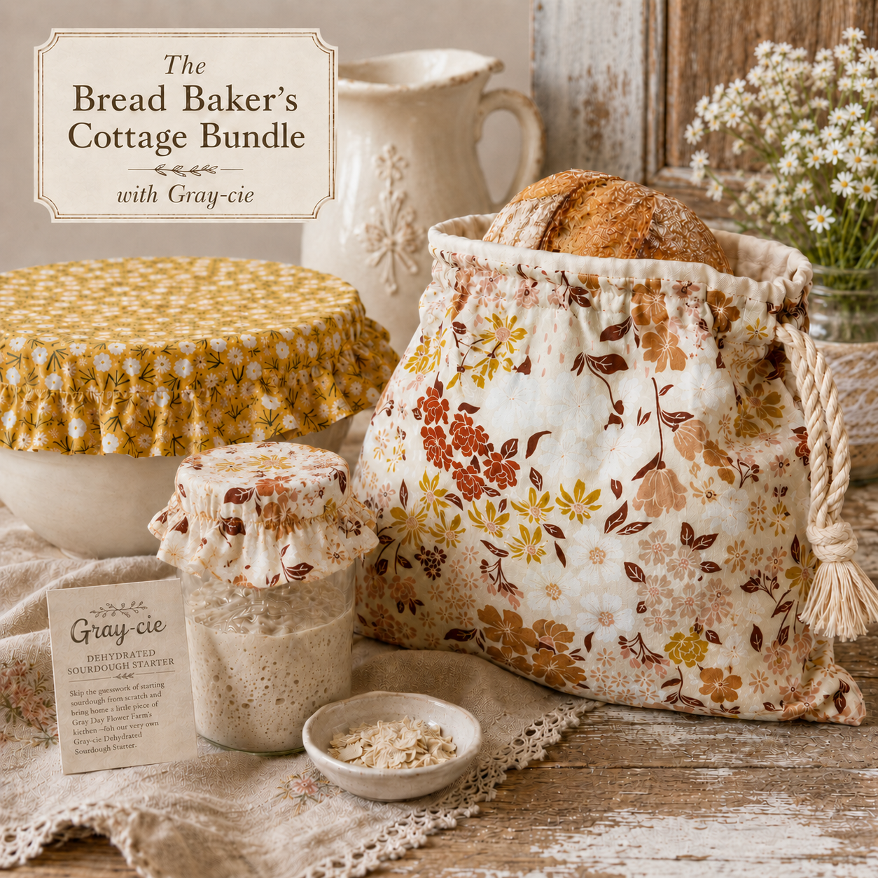 The Bread Baker’s Cottage Bundle | Handmade Bread Bag, Bowl Cover & Starter Bonnet