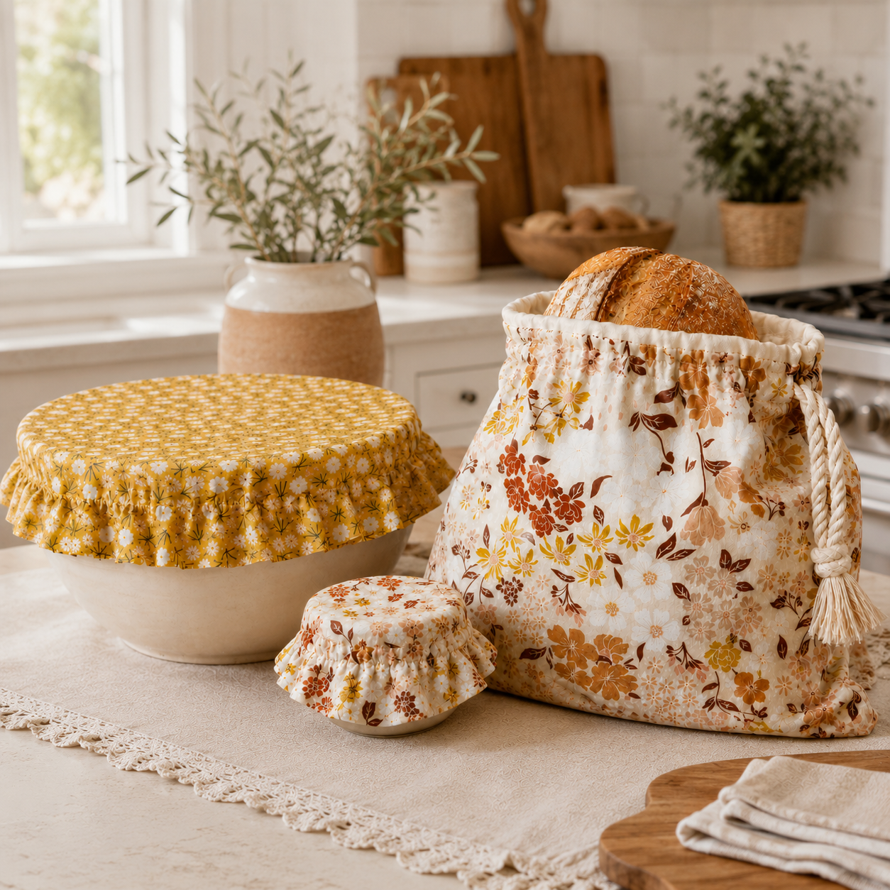 The Bread Baker’s Cottage Bundle | Handmade Bread Bag, Bowl Cover & Starter Bonnet