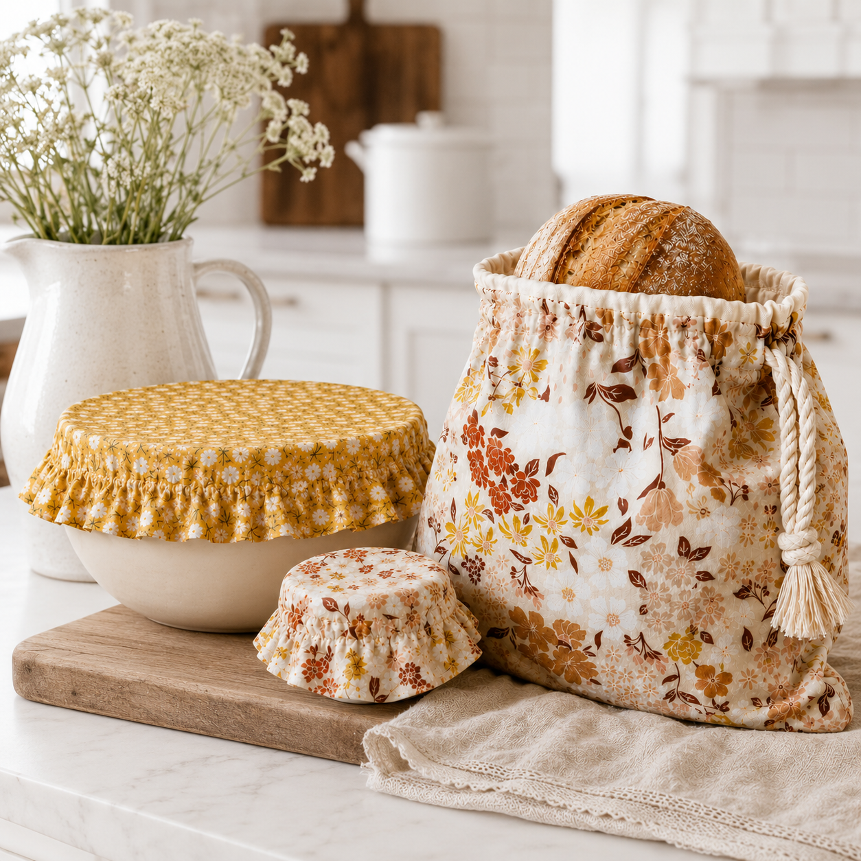 The Bread Baker’s Cottage Bundle | Handmade Bread Bag, Bowl Cover & Starter Bonnet